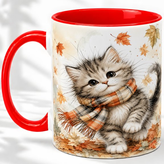 Autumn Kitten Accent Mug, 11oz Ceramic Mug for Cat Lovers Glossy ceramic mug featuring watercolor autumn kitten print for daily coffee or tea at home or office