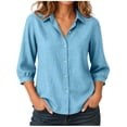 thumbnail image 2 of SSZMDLB Women Collared 3/4 Sleeve Button Down Blouse Casual Basic Top for Work Vacation Summer, Light Blue XL, 2 of 6