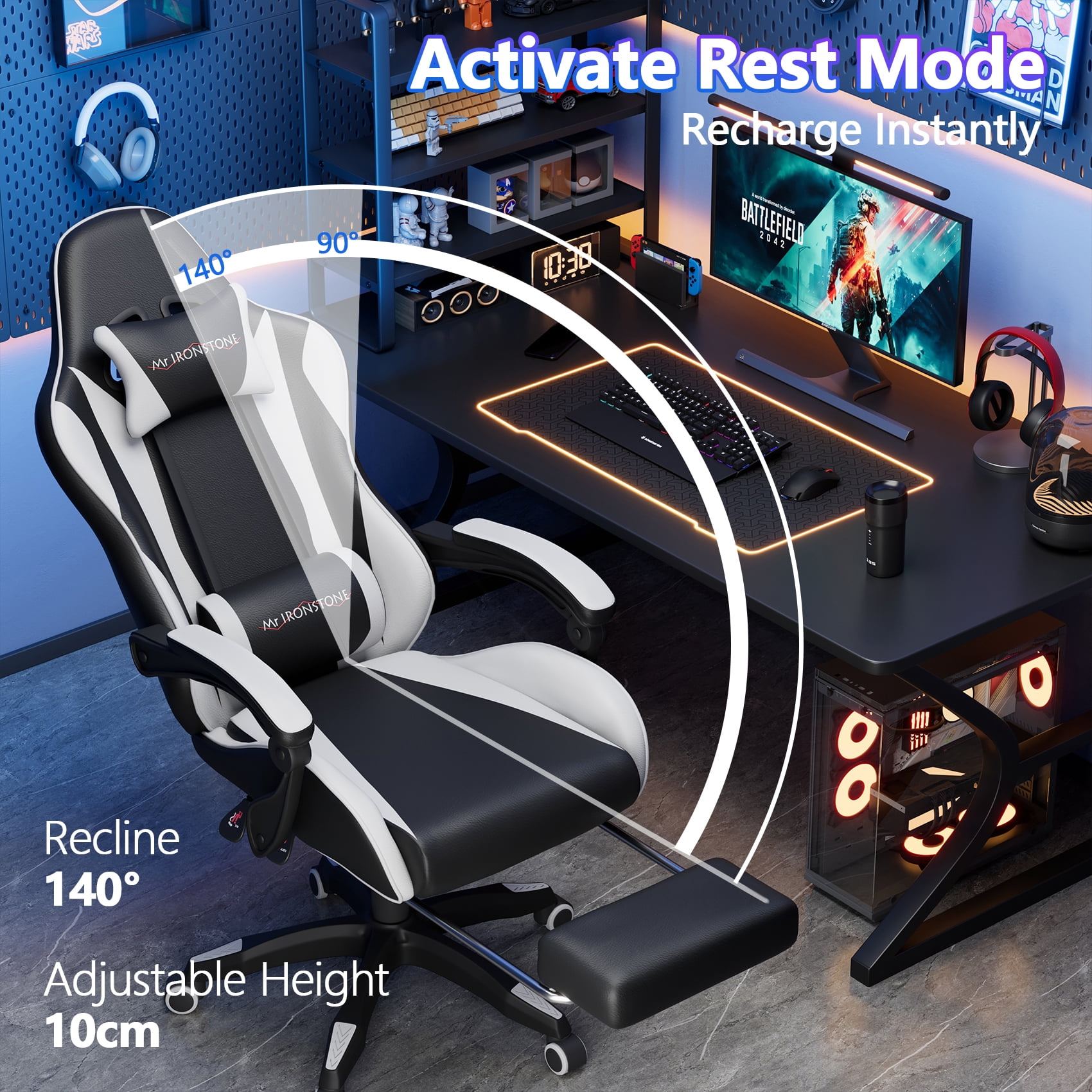Mr IRONSTONE Ergonomic Gaming Chair with Massage Lumbar Support and Footrest, Heavy Duty 400lbs Computer Chair for Adults, Black/White
