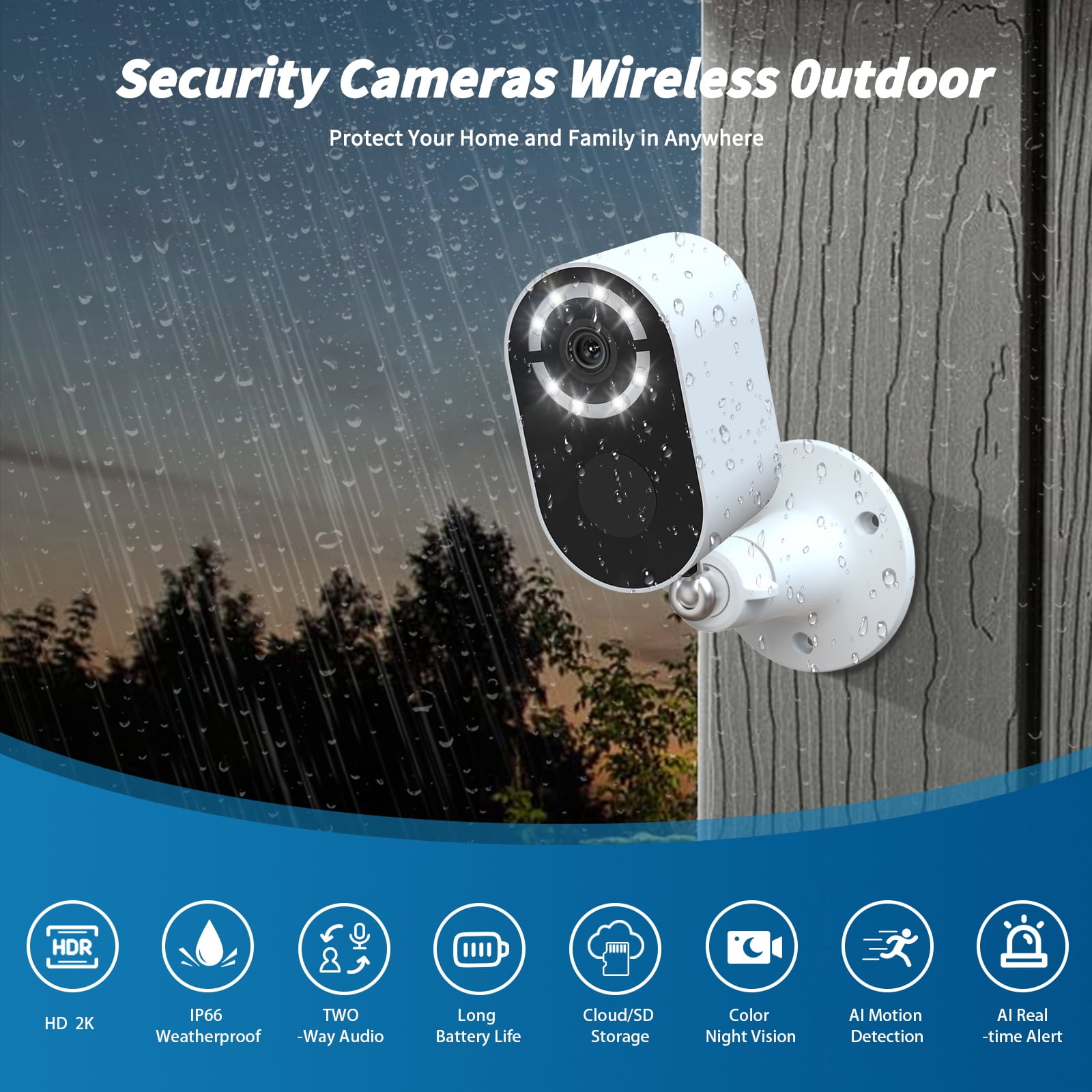 Jqimn 2K Security Cameras Wireless Outdoor, 2.4G WiFi Battery Powered Camera for Home Surveillance, AI Motion Detection, Spotlight & Siren Alarm, Color Night Vision, 2-Way Audio, Waterproof