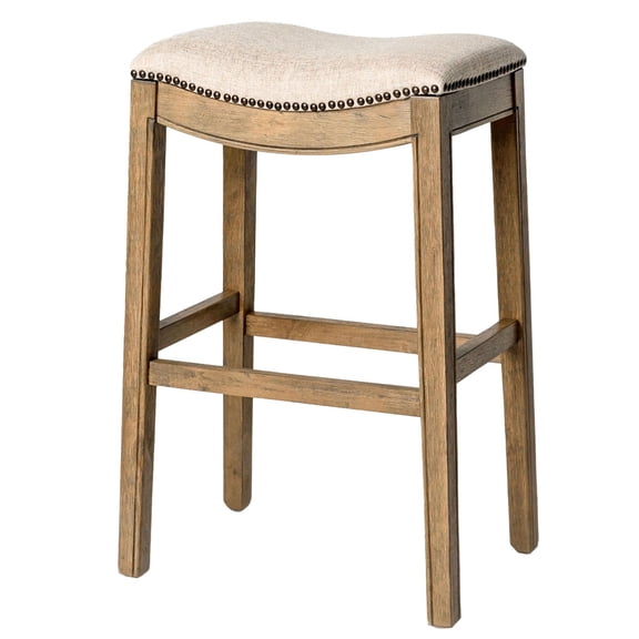 Maven Lane Adrien Hardwood Saddle Bar Stool, 31" High Fabric Seat, Wire Brush Finish, and Nailhead Trim, Natural/Cream