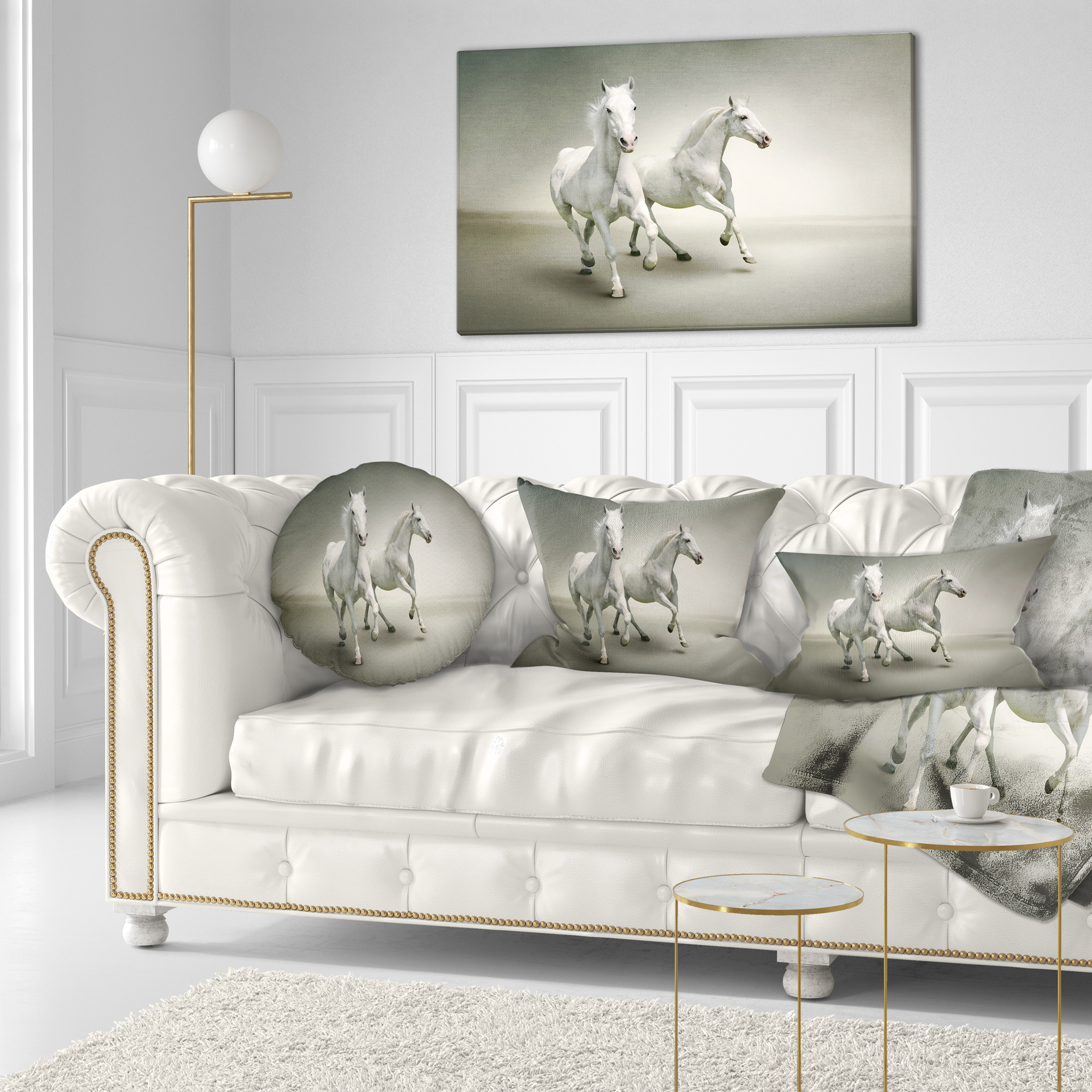 Designart Fast Moving White Horses - Animal Throw Pillow - 12x20