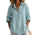 thumbnail image 4 of Linen Button Down Shirt Women Long Sleeve Cotton Blouses for Women Women's Linen Shirts Summer Linen Apparel Plus Size Linen Tops Ladies Gauze Tops Lightweight Linen Blouses,Light Blue,L, 4 of 9