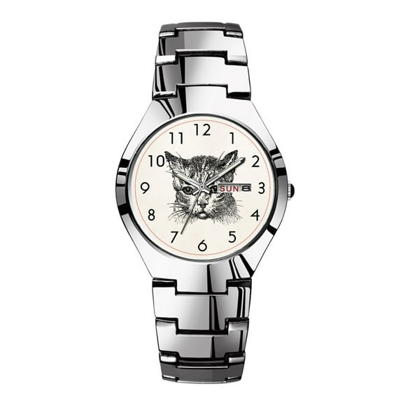 Mens Watches Silvery Steel Band Top Brand Waterproof Japan Quartz Watch Christmas Men Business Clock Vintage Cat Head Cats Kitten Kittens Animal Retro Watches