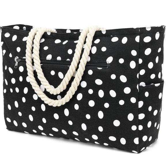 Oversized Canvas Beach Tote Bag for Women and Girls, Waterproof Sandproof Travel Tote Bag with Wet Pocket, Striped Swim Pool bag Zipper Closure,Dot