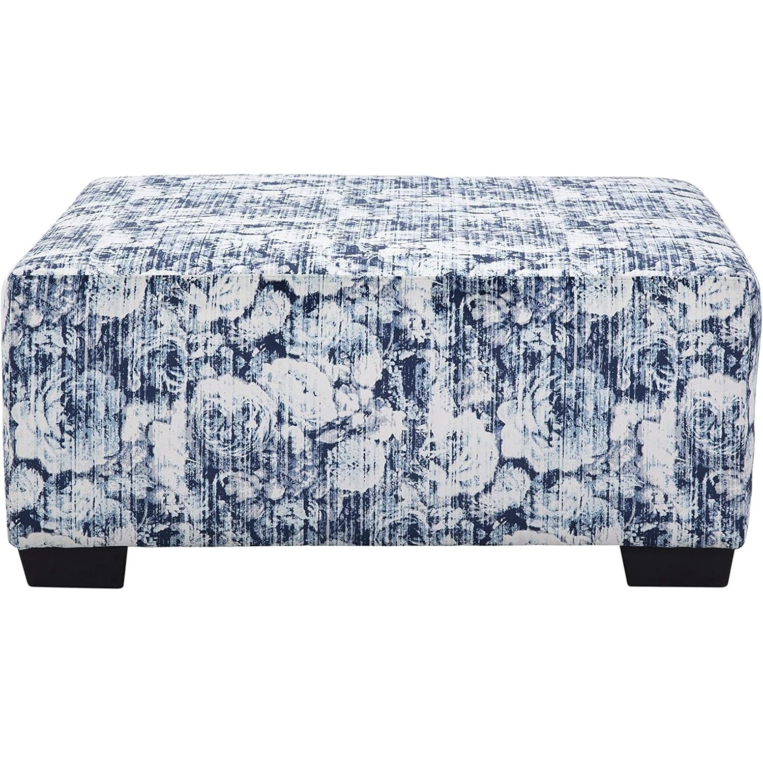 Maykoosh Vintage Visions Casual Comfort Series Blue Floral Square Upholstered Ottoman with Black Base Legs - 42"D x 42"W x 19"H