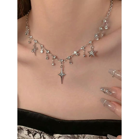 QQTDFG Rhinestone & Star Charm Necklace For Women Sparkly Necklace Party Necklace-default