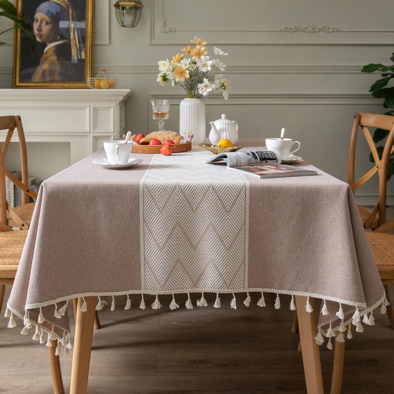UK Cotton Linen Rectangle Tablecloth Striped Tassel Table Cloth Home Dust Cover 