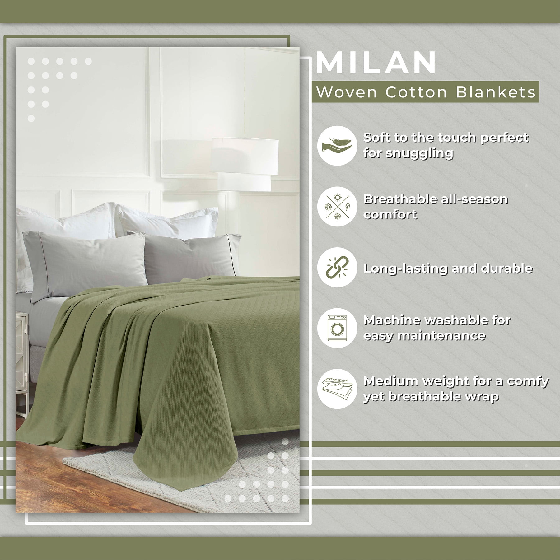 Superior Milan Cotton Textured Striped Woven Blanket, Non-Standard, Sage