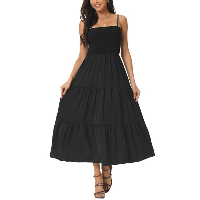 Unique Bargains Robe Maxi d'Été à Bretelles Spaghetti Smockée Décontractée Boho Sans Manches à Volants Noire m