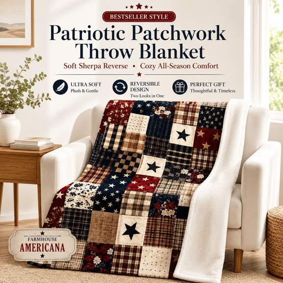 MORAVE Printed Faux Patchwork Americana Throw Blanket, Faux Quilt Fleece Blanket, Farmhouse Decor for Couch Bed, 40x50 inches