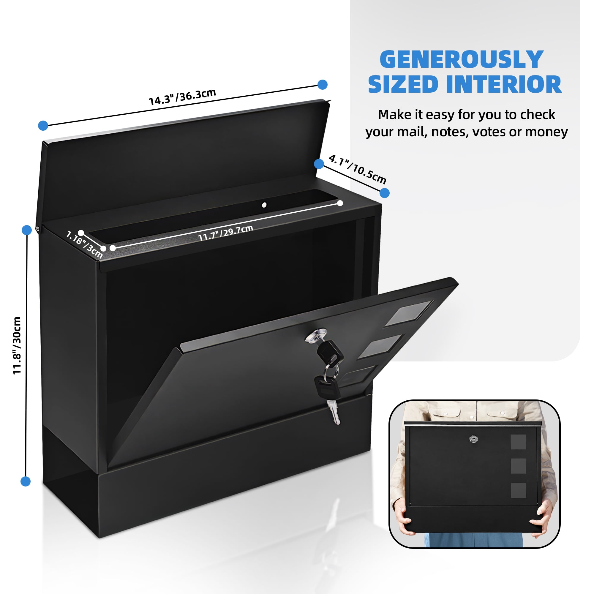 Mailbox Wall Mounted, Locked Mail Boxes, 14.3" x 4.1" x 11.8", Large Capacity Mailbox for Newspapers, Weatherproof Secure Mail Box, Key Lock Mail Boxes Outdoor (Black Rectangular Shape)