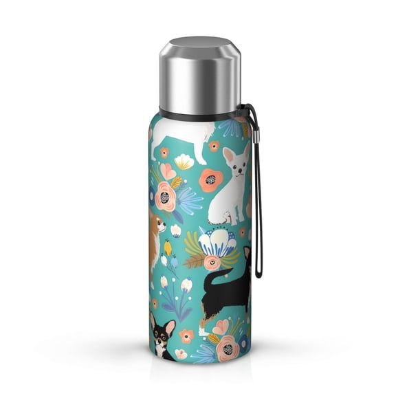 20 Oz Chihuahua and Flower Florals Coffee Tumbler Double Wall Insulated Stainless Steel Water Bottle | Metal Reusable Thermoses Flask with Cup Cap | Leak & Sweat Proof with Anti-Dust Lid