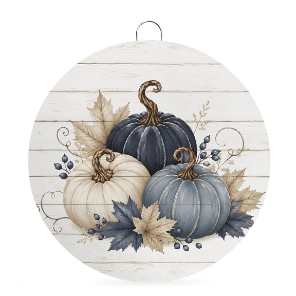 Welcome Sign Front Door Decorations, Blue Beige Pumpkin Round Wall Art Outdoor Metal Wreaths, Fall Thanksgiving Maple Leaf Rustic Wood Seasonal Hanging Sign for Home Porch Decor Warming Gift 6 In