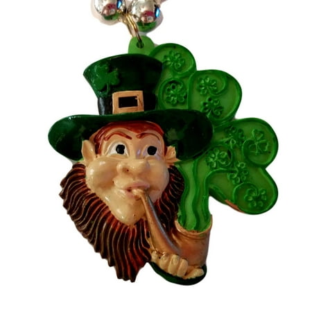 Leprechaun with Pipe Shamrock St Patrick's Day Mardi Gras Bead Necklace