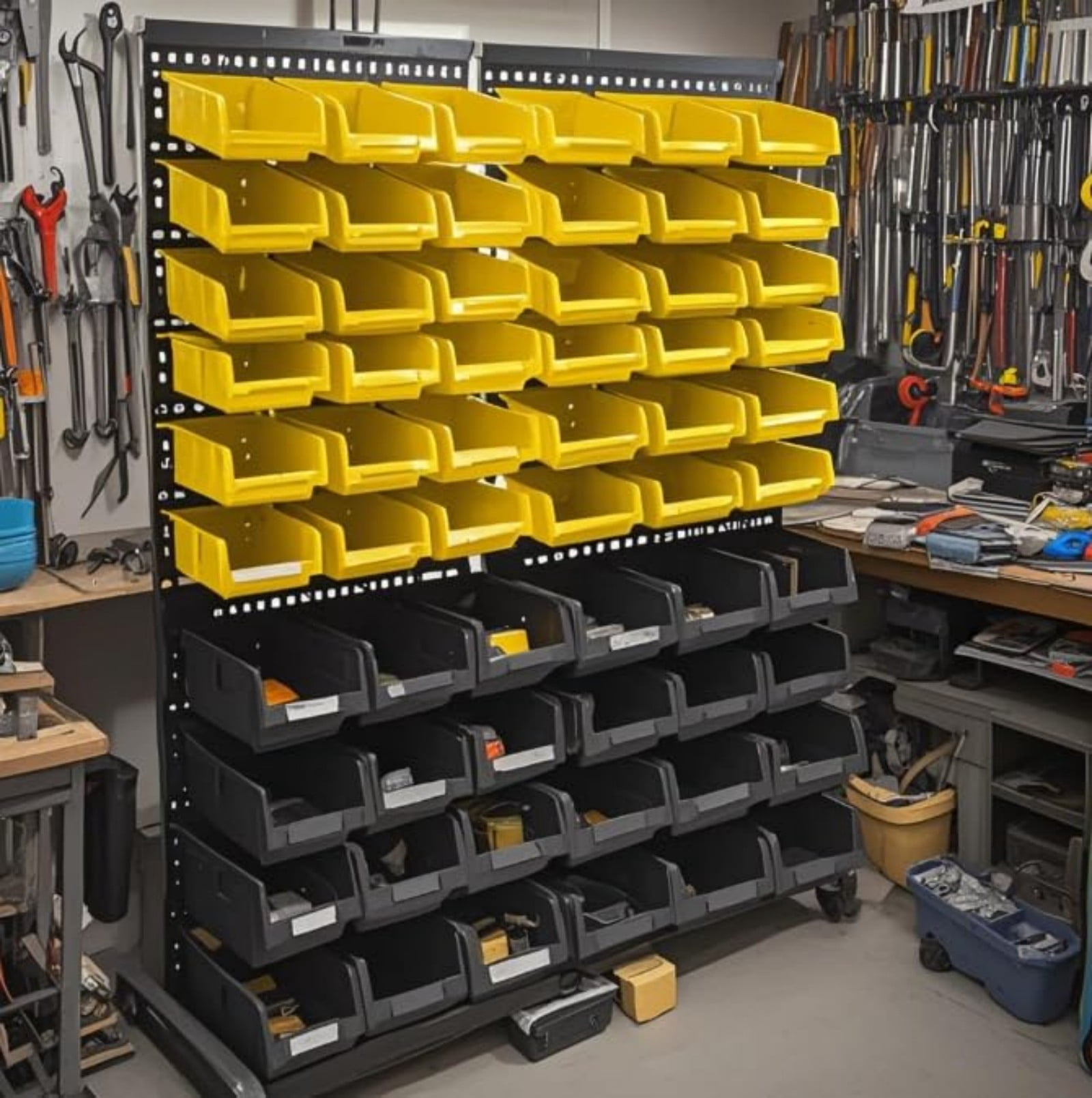 60 PCS Wall Mounted Storage Bins Organizer, Large Plastic Nut & Bolt Organizer with Pegboard, Screw Storage Bins for Garage, Workshop, Hardware, Crafts (Yellow & Black)