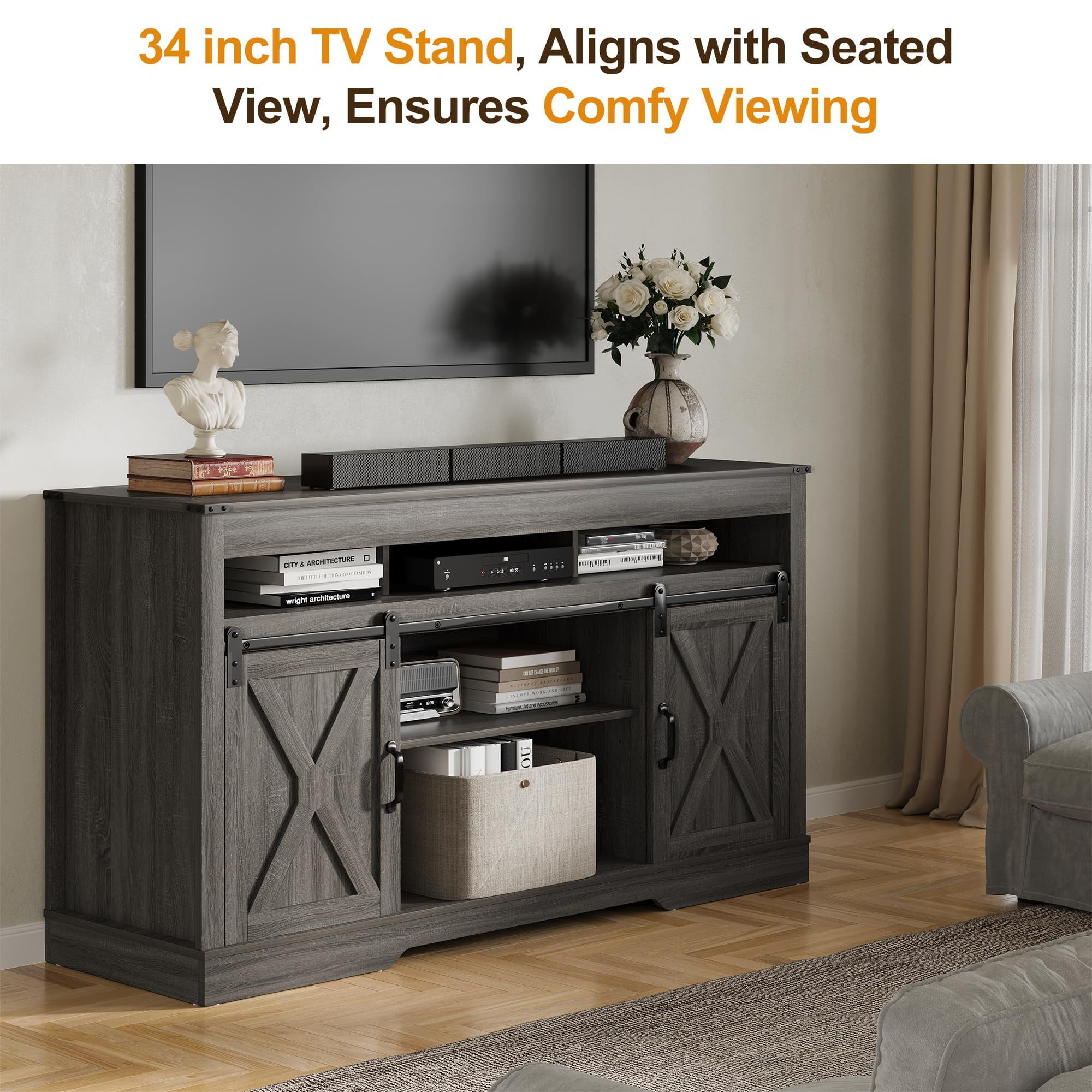 Heynemo TV Stand for 65+ Inch TV, Farmhouse 34'' Tall Entertainment Center for 23" Fireplace, Rustic TV Console with Sliding Bar Door for Living Room (Dark Grey)