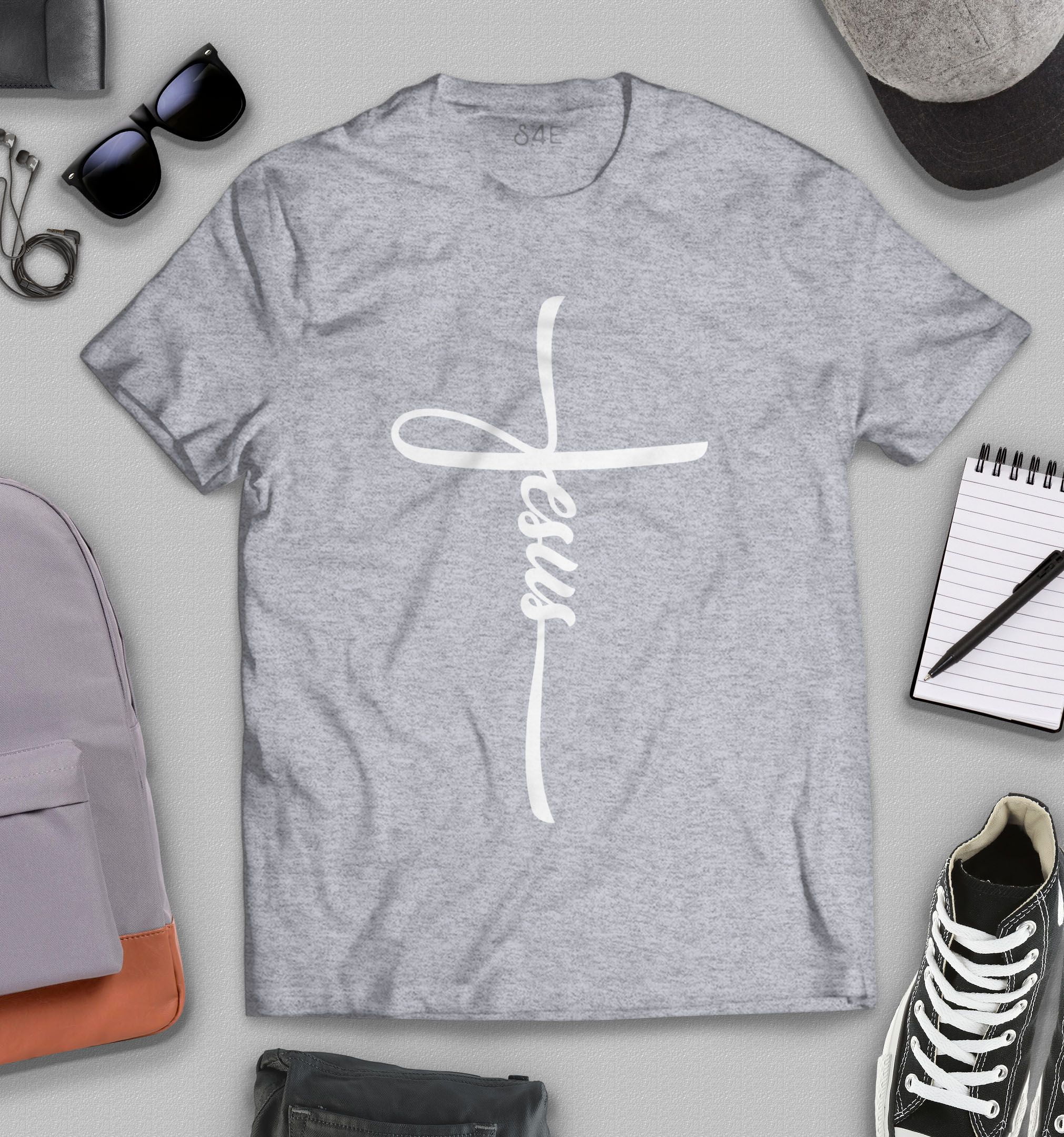 S4E Men's Jesus Cross Religious T-Shirt XX-Large Sports Grey