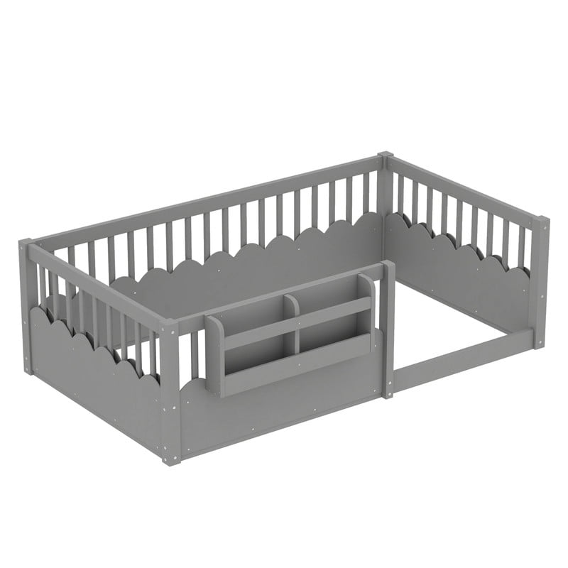 Twin Size Floor Bed with Heightened Fence, Kids Platform Bed Frame with No Slat, Montessori Storage Bed with Bookshelf