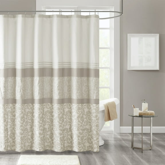 510 Design Neutral Shower Curtain, Traditional Embroidered Bath Curtain with 12 Button Holes, Machine Washable Bathroom Curtain Decor, 72x72"
