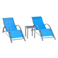 thumbnail image 1 of Outsunny 3 Pieces Patio Pool Lounge Chairs Set, Outdoor Chaise Lounge for Yard Garden, Metal Frame, Breathable Mesh and Glass Top Table - Set of 3, Blue, 1 of 10