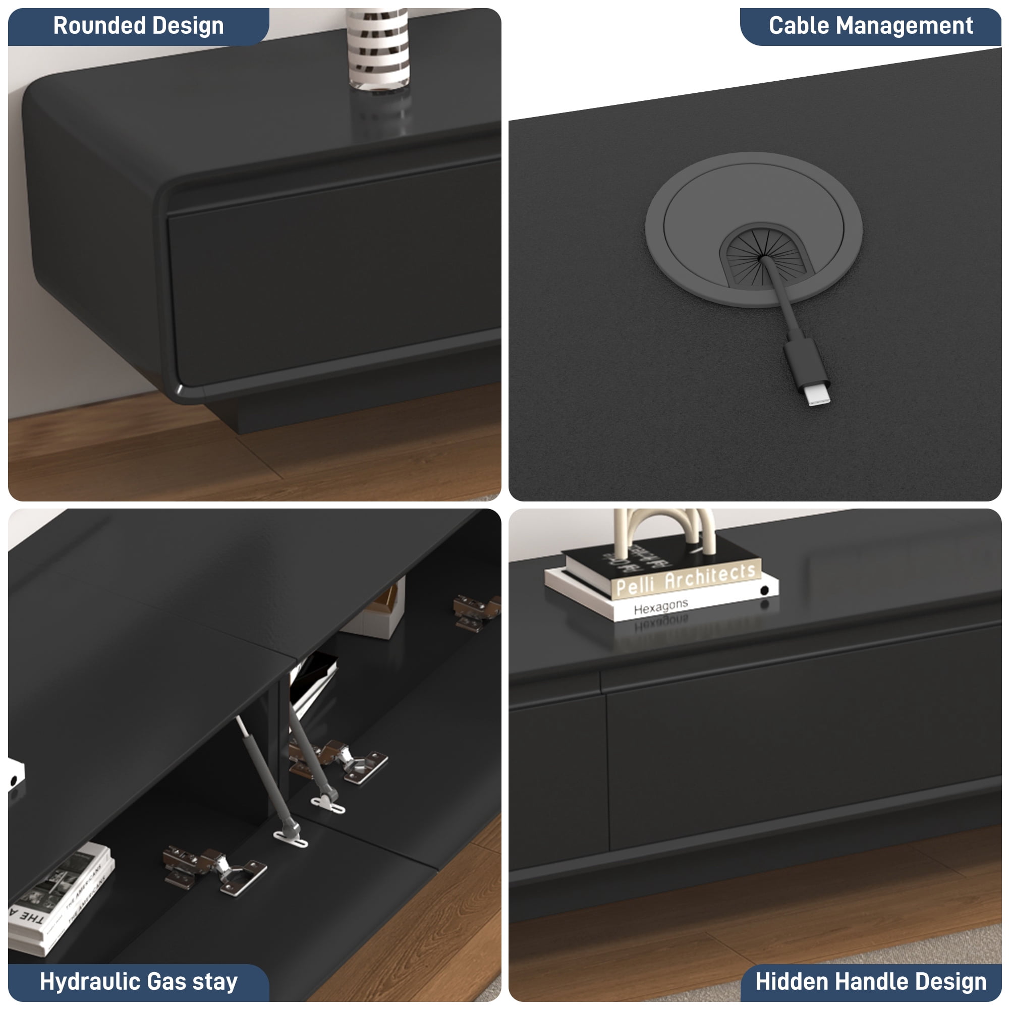 Blotout 94.5'' Minimalist Floating TV Stand, Modern Wall-Mounted Media Console with 4 Drawers for Wall-mounted TV Up to 110'', Black