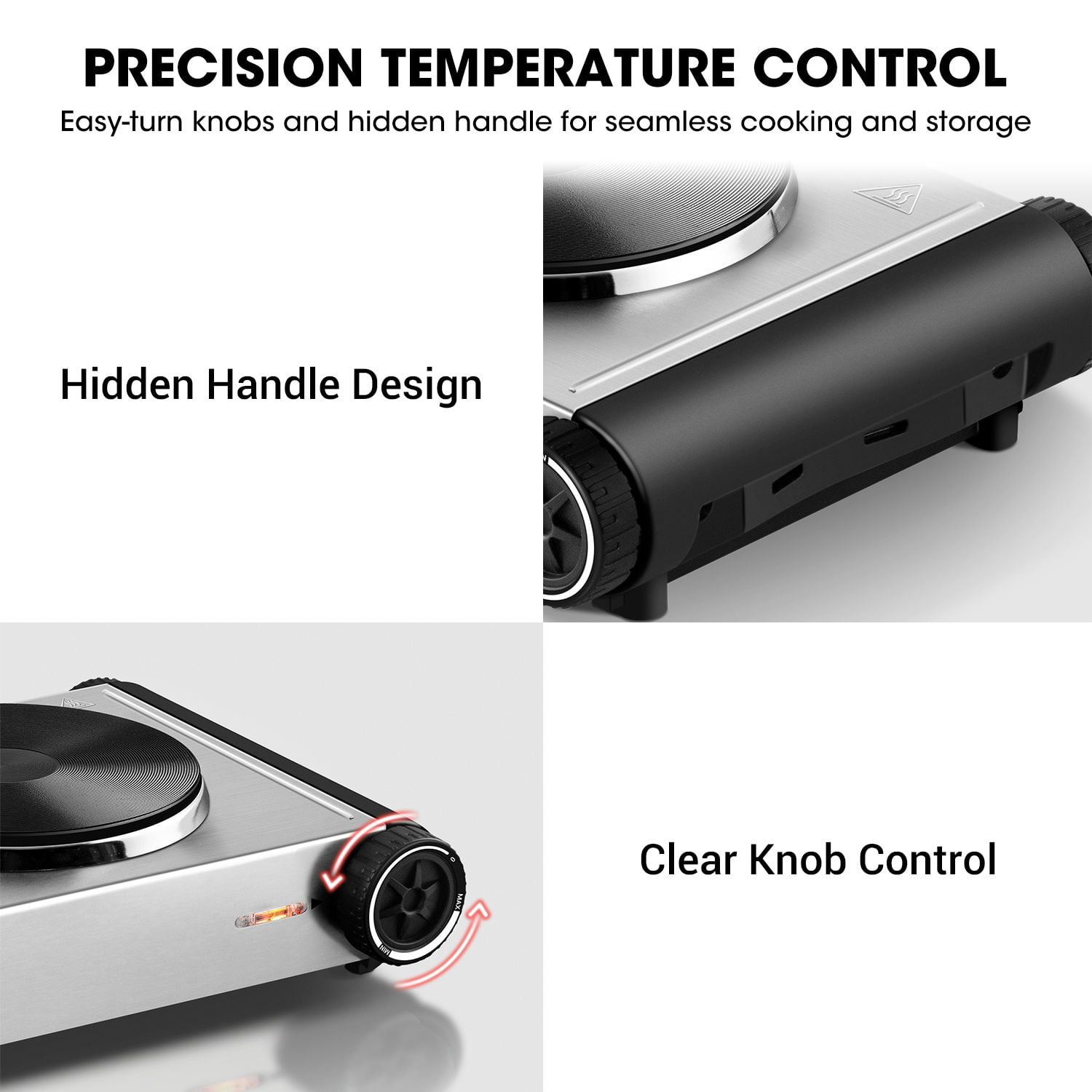 CUSIMAX 1800W Double Burner Hot Plate,Walmart Exclusive Portable Countertop Cast-Iron Stove with Concealed Handle, Independent Heat Controls & Easy-Clean Black Stainless Design