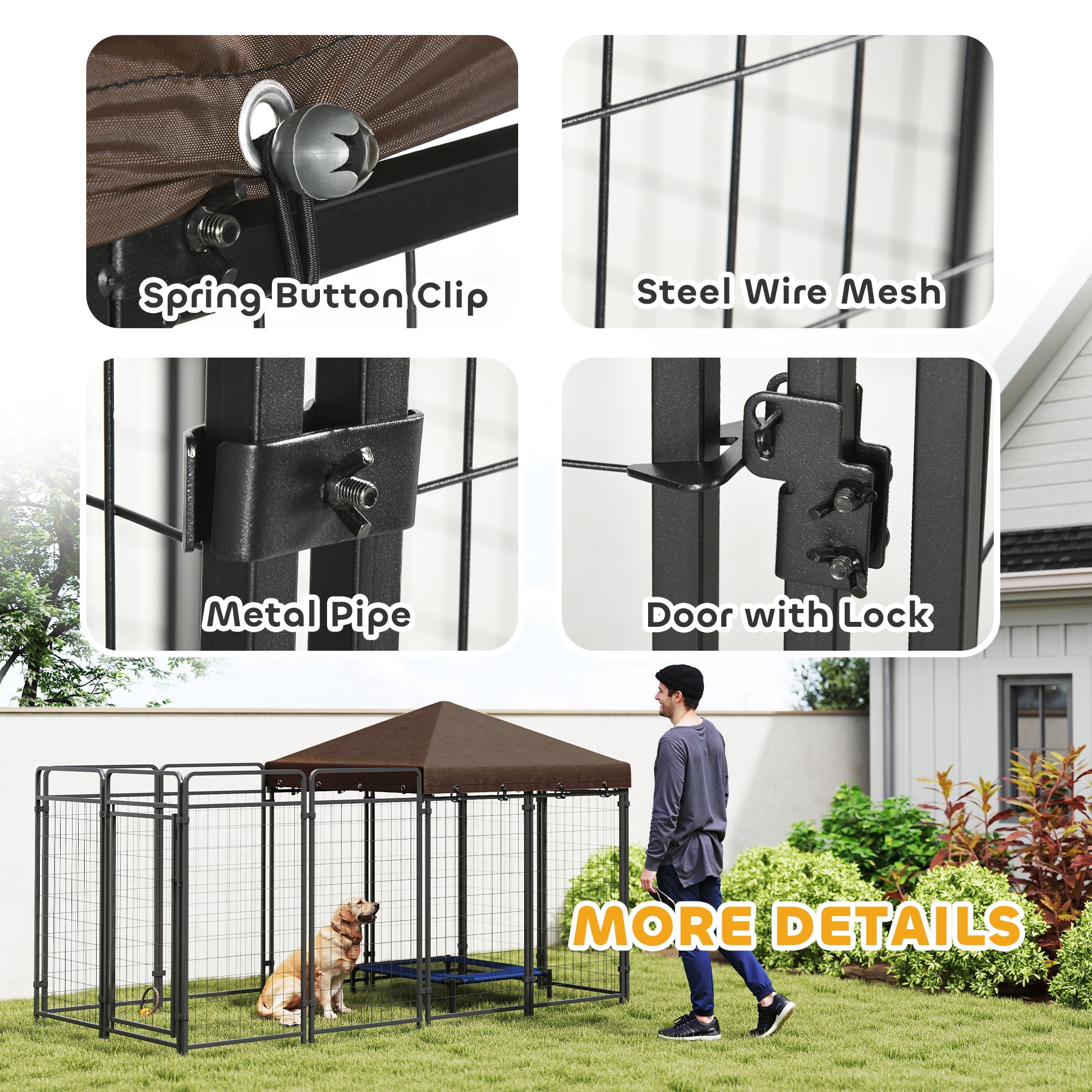 PawHut Dog Kennel Outdoor with Waterproof Canopy, Galvanized Chain Link, for Backyard and Patio, Large and Medium Sized Dog, 9.3' x 4.6' x 5.2'