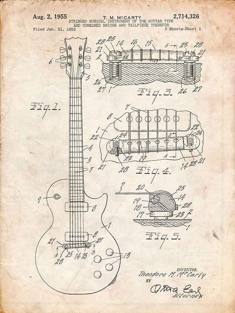 Borders, Cole 12x14 White Modern Wood Framed Museum Art Print Titled - PP47-Vintage Parchment Gibson Les Paul Guitar Patent Poster