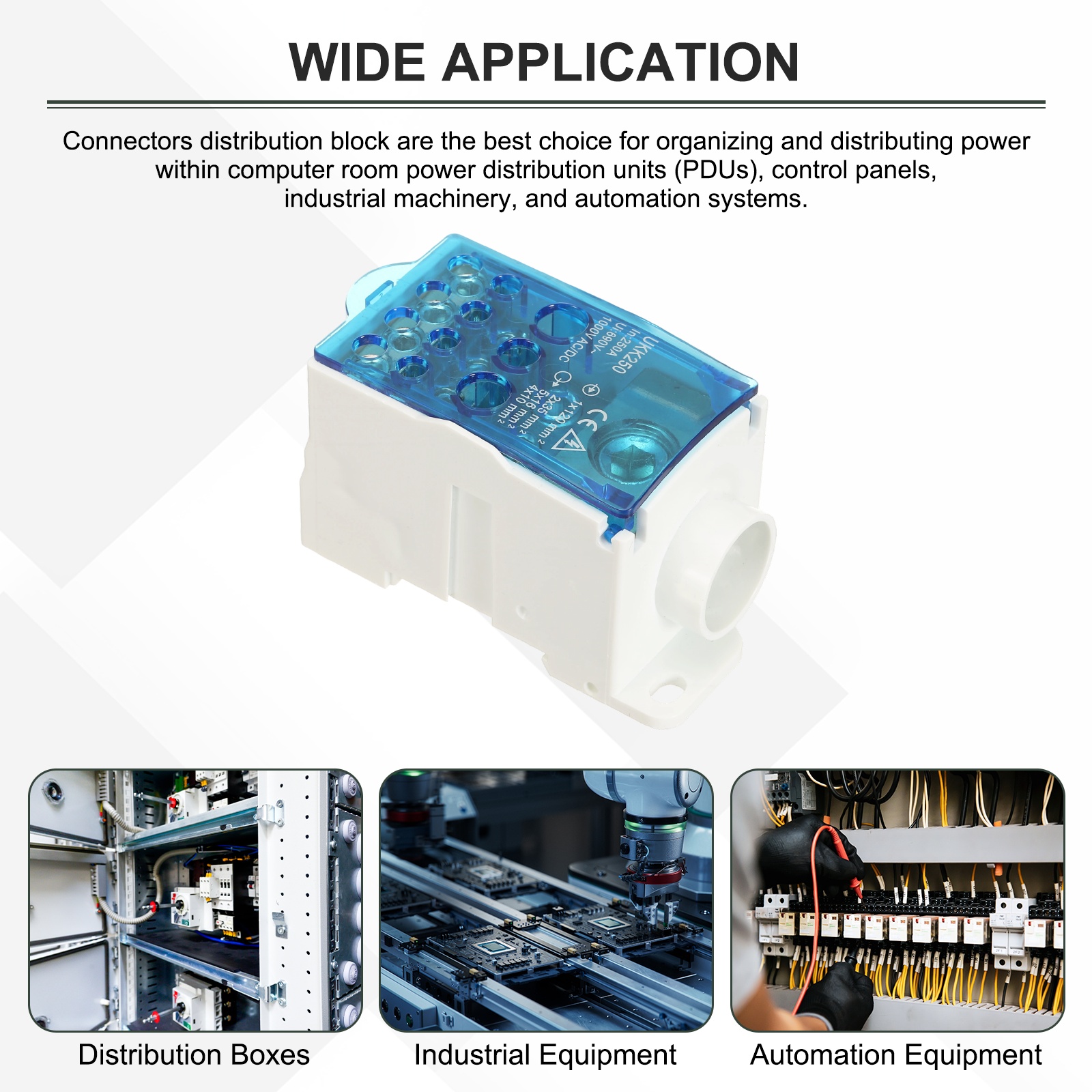 Uxcell 1 in 11 Out Rail Terminal Blocks, 690V 250A Connectors Power Distribution Block with Flame-Retardant Housing, Blue 1.91In Width