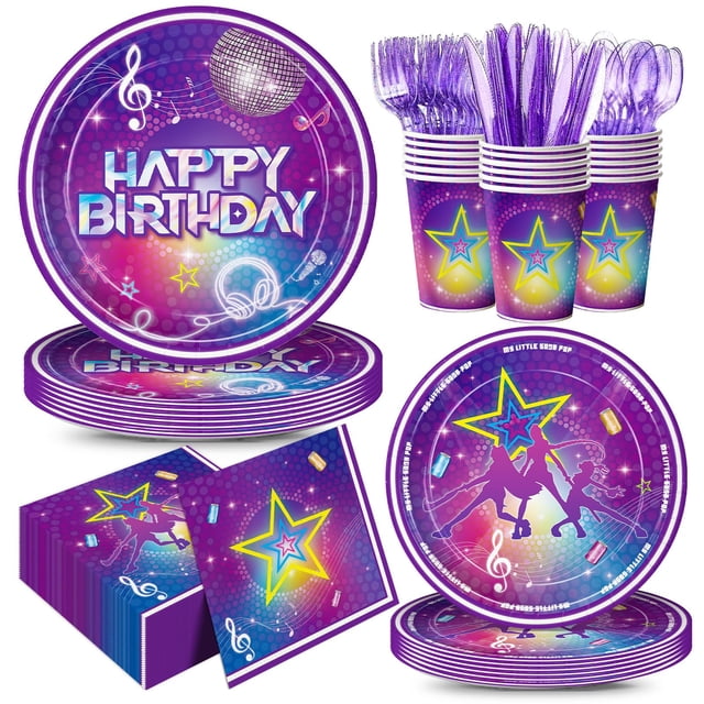 Set de vajilla desechable para fiesta Elzoviran, 168 piezas, tema musical morado