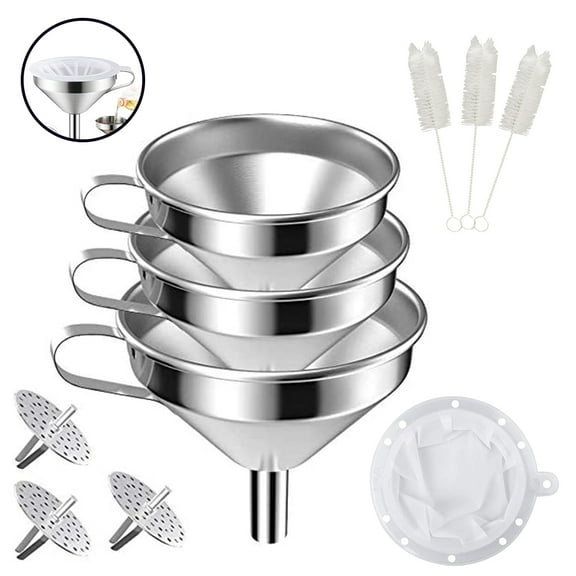 KEINXS large household 304 stainless steel funnel large, medium and small wine oil leakage belt filter with cleaning brush combination set (3 Kitchen Funnel 3 cleaning brush 1 medium filter)