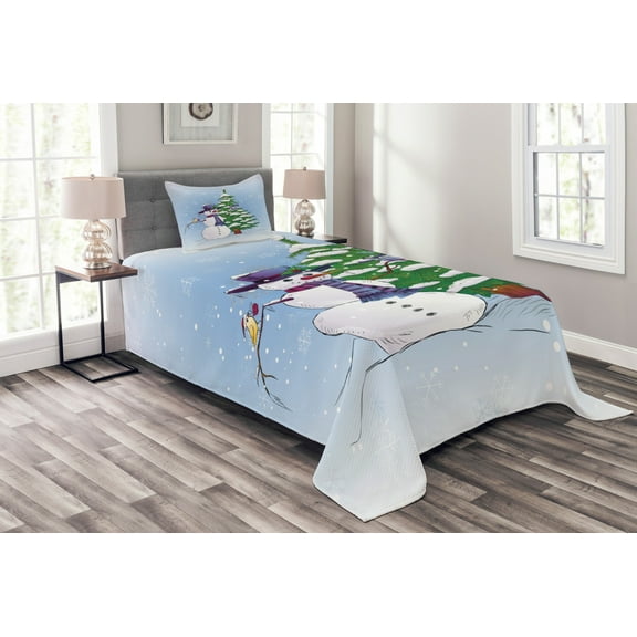 Ambesonne Christmas Quilted Bedspread Set 2 Pcs, Snowman and Tree, Twin Size, Blue Green