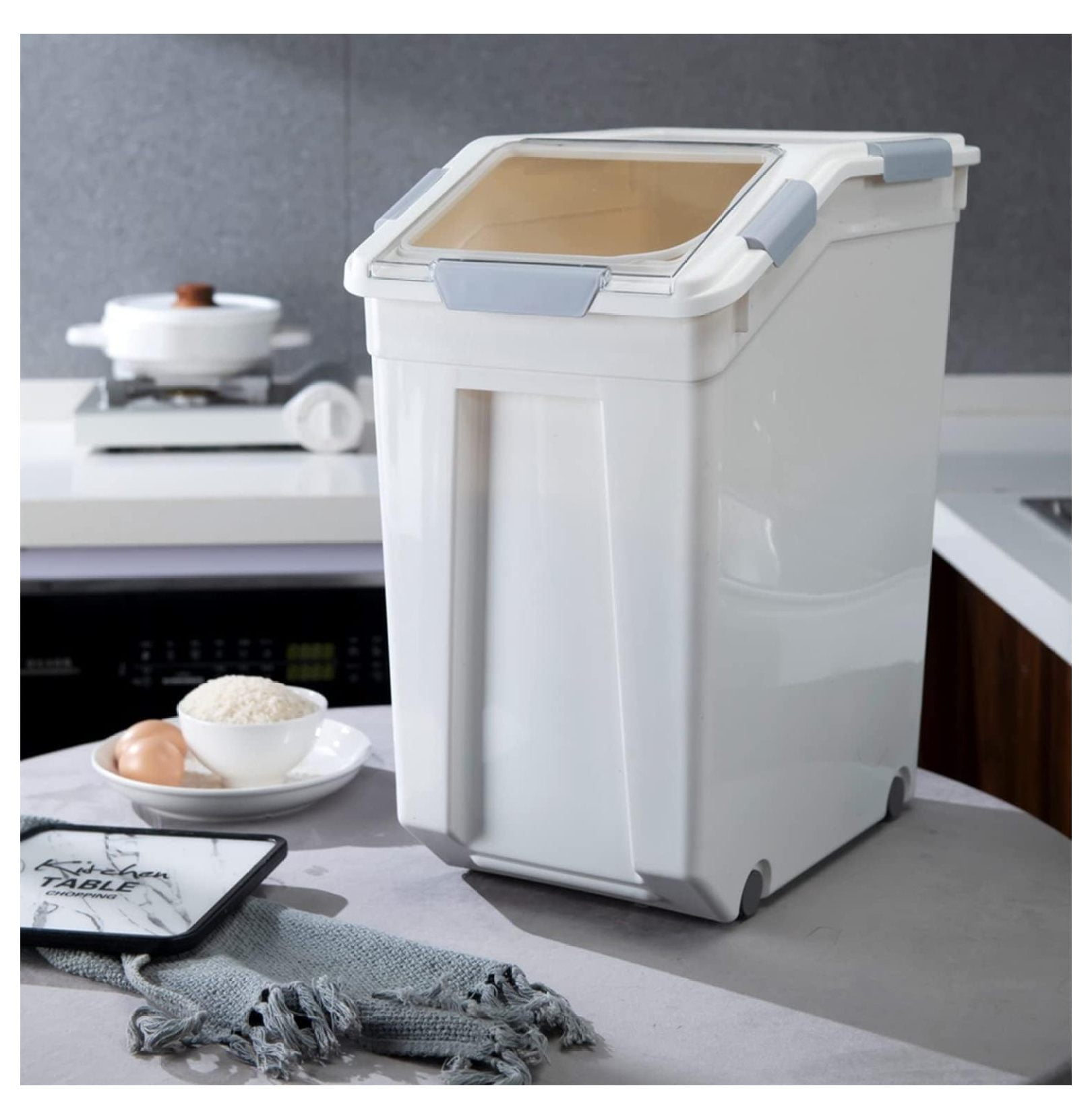 Rice Storage Container 33 Liter - Airtight Food Container with Measuring Cup & Wheels - BPA Free Grain Bin for Rice, Flour, Pet Food - 50lbs Capacity