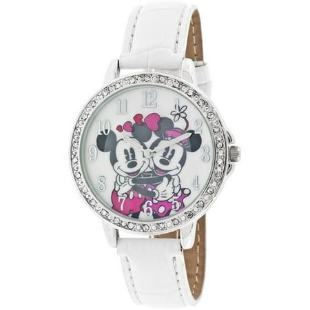 Women's Mickey and Minnie Mouse Rotating-Disc Dial Love Watch, Simulated-Leather Strap