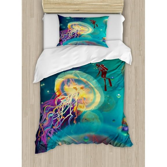 Fantasy Duvet Cover Set, Giant Jellyfish and Diver in the Sea Underwater Submarine Aquatic Art Print, Decorative 2 Piece Bedding Set with 1 Pillow Shams, Twin Size, Teal Purple, by Ambesonne