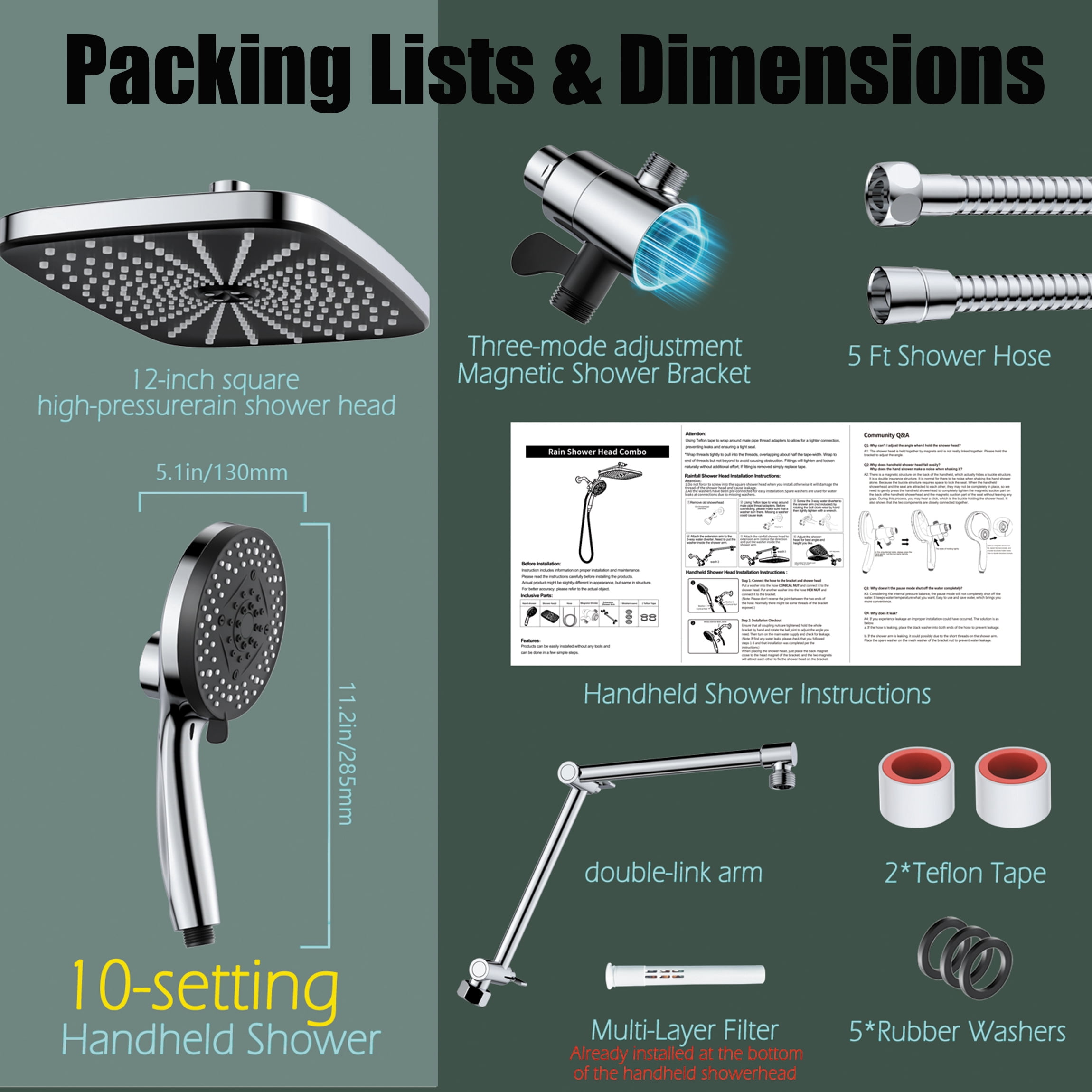 High Pressure Rain Shower Head: Upgrade Shower Heads with Handheld Spray Combo with Fixed Showerhead and 8 Sprays Handheld Shower Head, Detachable Shower head Built-in Magnetic Docking and Power Jets
