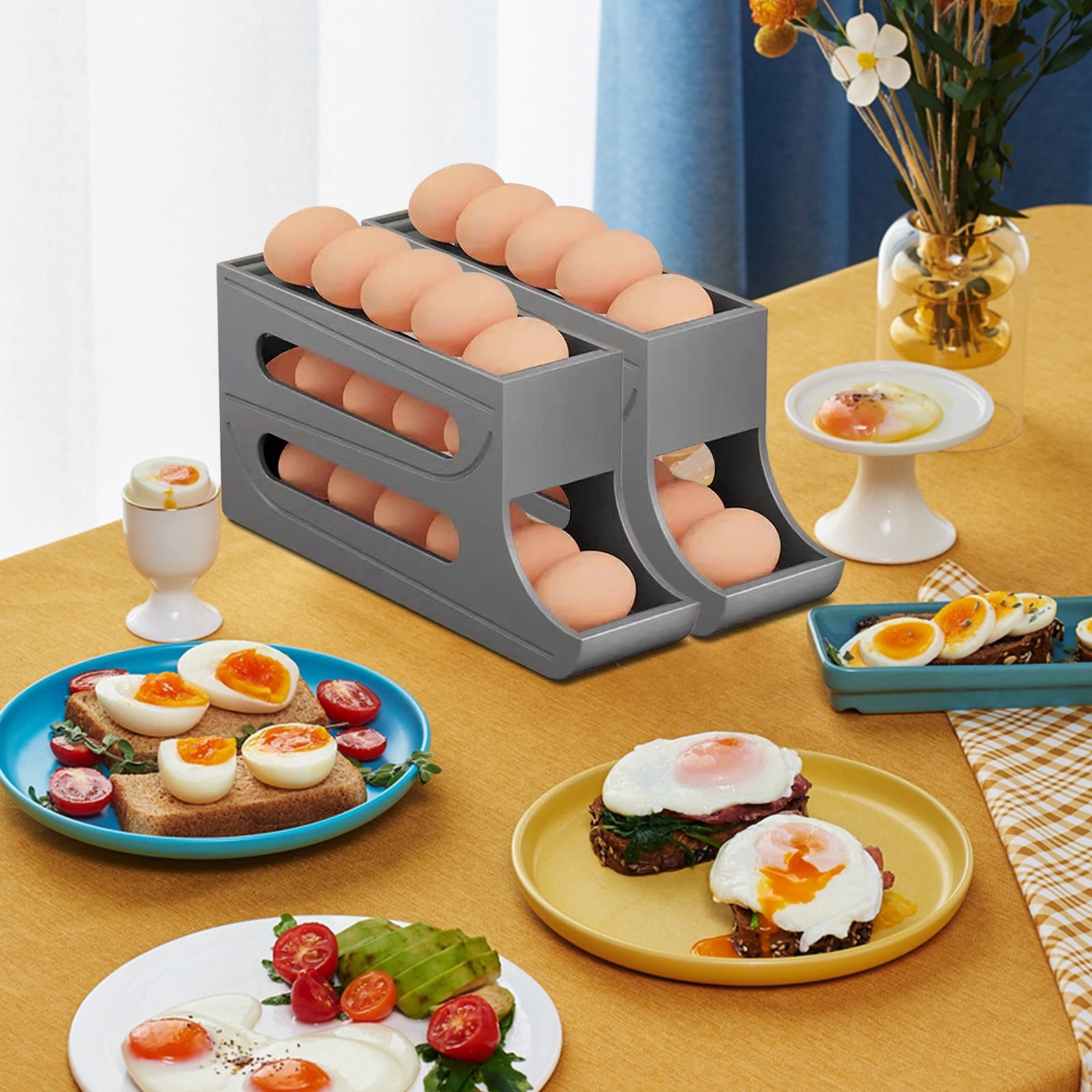 Eggs Dispenser, Refrigerator Egg Organizer, 3 Tier Rolling Rack, Space Saving Design, Holds 30 Eggs, Sturdy Plastic Construction, Kitchen Counter Storage