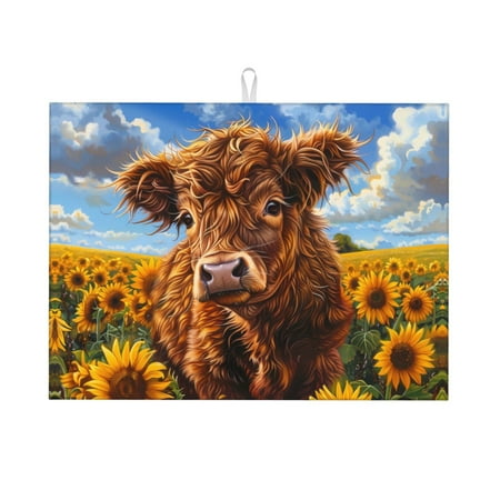 

Large Dish Drying Mats for Kitchen Counter - Cloud Sky Sunflower Cow 18x24In Anti-Slip Absorbent Microfiber Drying Mat for Kitchen Counter Mat Dish Rack Mat with Hanging Loop