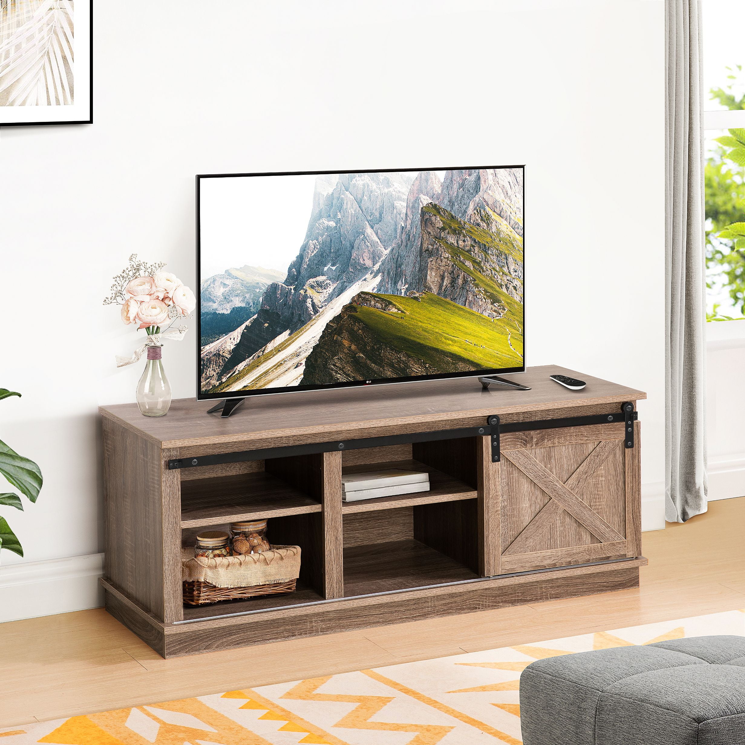 50 inch TV Stand Small TV Stand TV Cabinet with Storage Shelf Farmhouse TV Stand Barn Door Tv Stand Media Cabinet Low Profile TV Cabinet Mid Century Entertainment Center Shelby Natural Finish