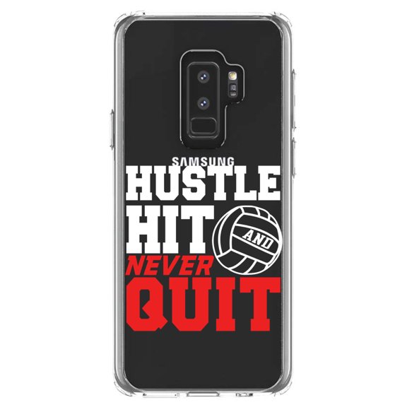 DistinctInk Clear Shockproof Hybrid Case for Samsung Galaxy S9  PLUS (6.2" Screen) - TPU Bumper Acrylic Back Tempered Glass Screen Protector - Hustle Hit Never Quit Volleyball