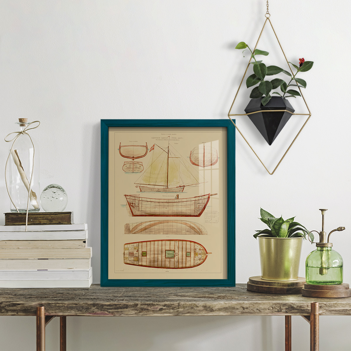 Antique Ship Plan III -Framed Print w/glass-Ocean Blue