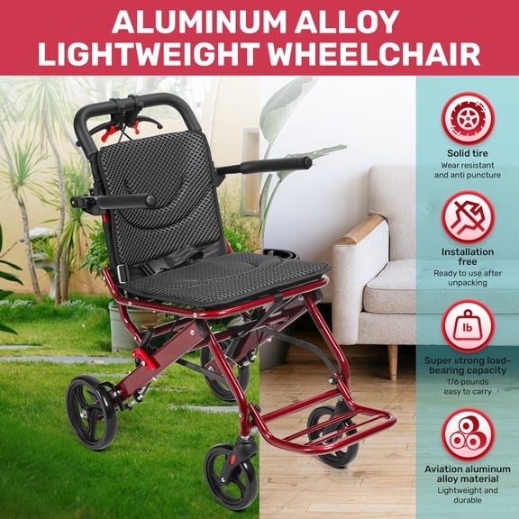 Foldable Transport Wheelchair for Adults, Lightweight 18.5lbs Aluminum Alloy Travel Wheelchair with Hand Brakes, 8" Rear Wheels & Shock-Absorbing Seat