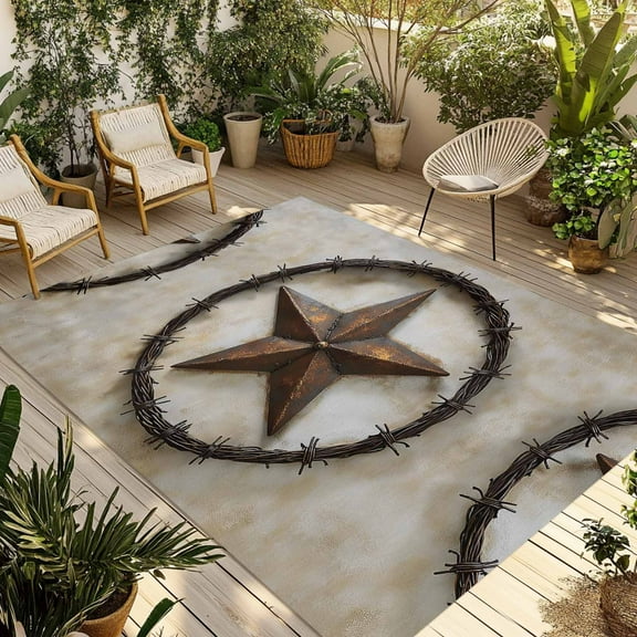 Fsddascl Texas Star Retro Outdoor Rug for Patio/Deck/Porch, Non-Slip Large Area Rug 4 x 6 Ft, Farmhouse Country Western Aesthetic Indoor Outdoor Rugs Washable Area Rugs, Camping Rug Carpet