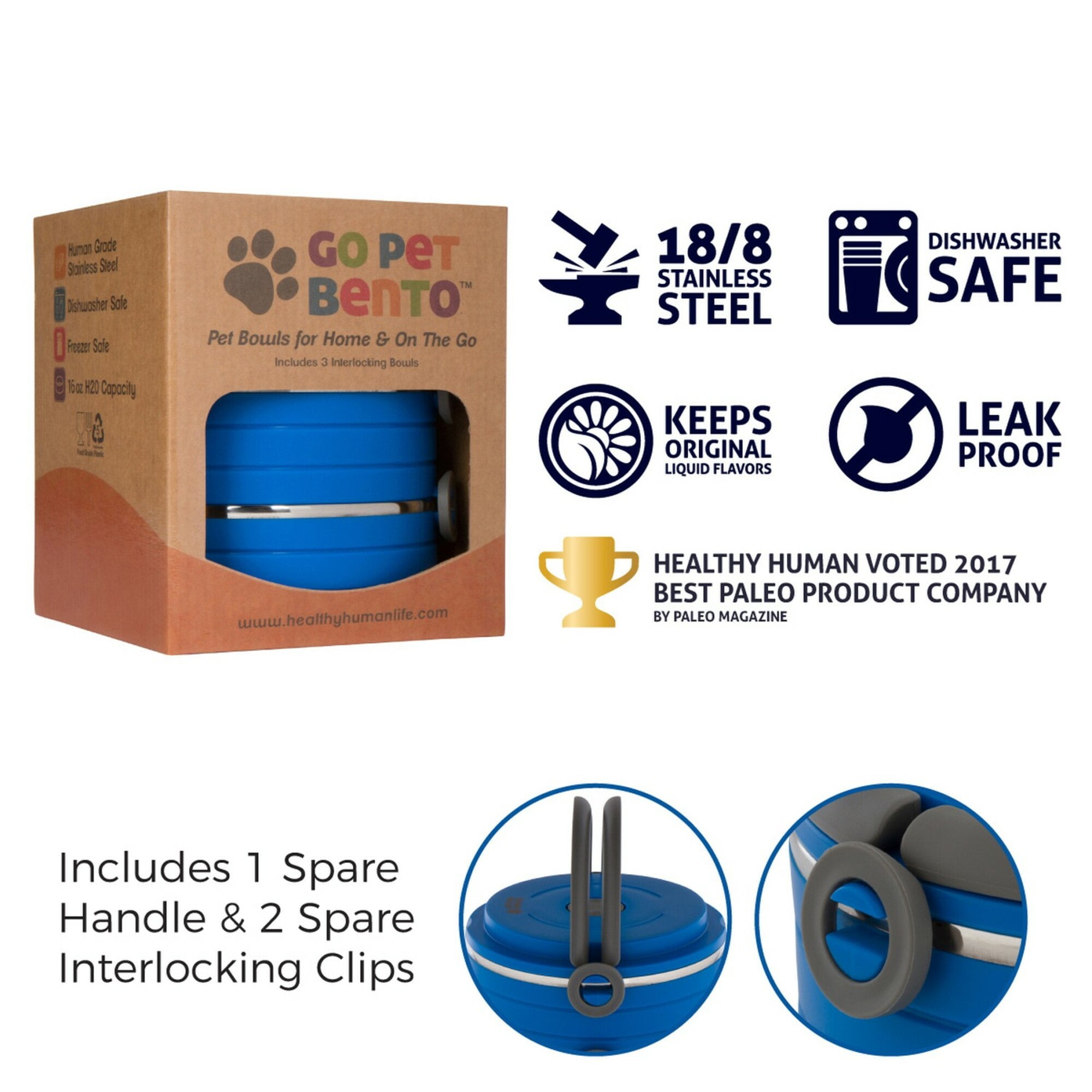 Healthy Human Travel Dog Bowls | Stainless Steel Go Pet Bento Bowl | Stackable Cat & Dog Food Bowls | Leak Proof | Set of 3 Interlocking Bowls, 2 Spare Clips, 1 Spare Handle (Blue)