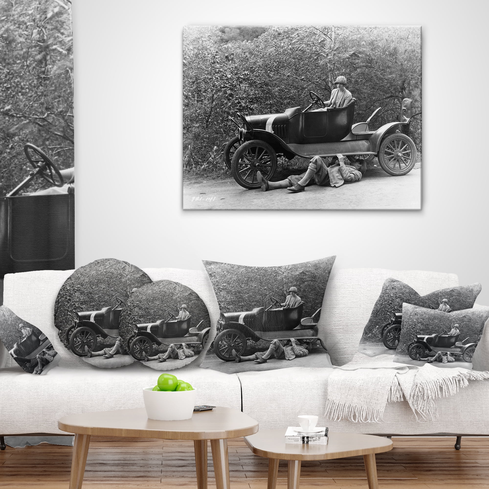 Designart Vintage Car Repair - Car Photography Throw Pillow - 16x16