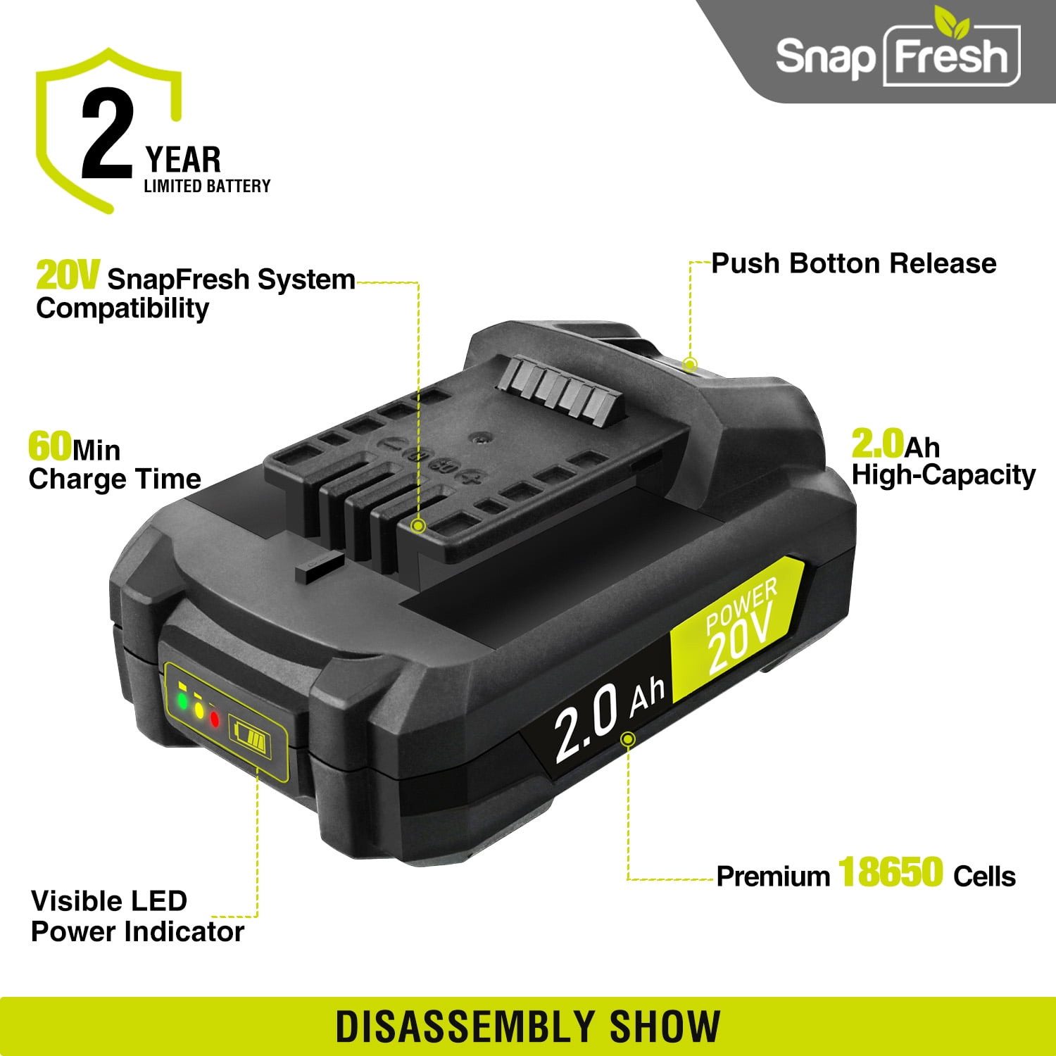 Snapfresh 20V 2.0Ah Li-Ion Battery, Only Works With SnapFresh Tools, Lithium-Ion Battery Supports Fast Charging(BBT-DC20A)