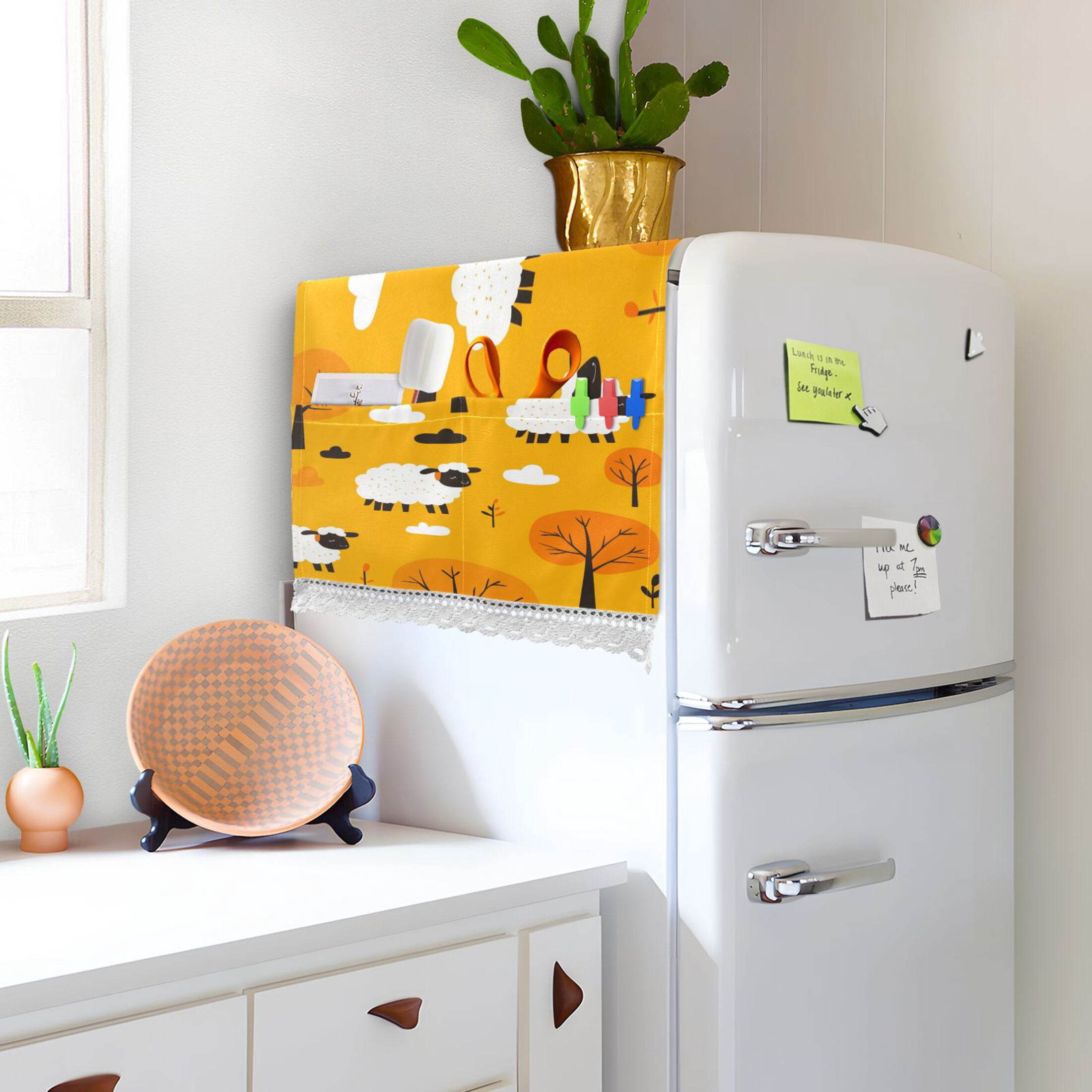 Cute Cartoon SheepWasher and Dryer Covers Dust-Proof and Oil Resistant Fridge Cover with 4 Storage Pockets Washing Machine Top Cover for Laundry Kitchen Home 51.2 x 22 In