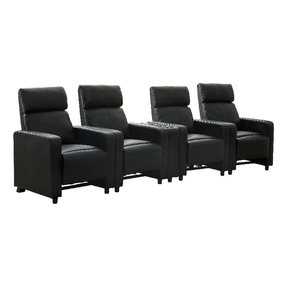 Benjara Heena Home Theater Set-4 Manual Recliners-1 Console-Black Faux Leather