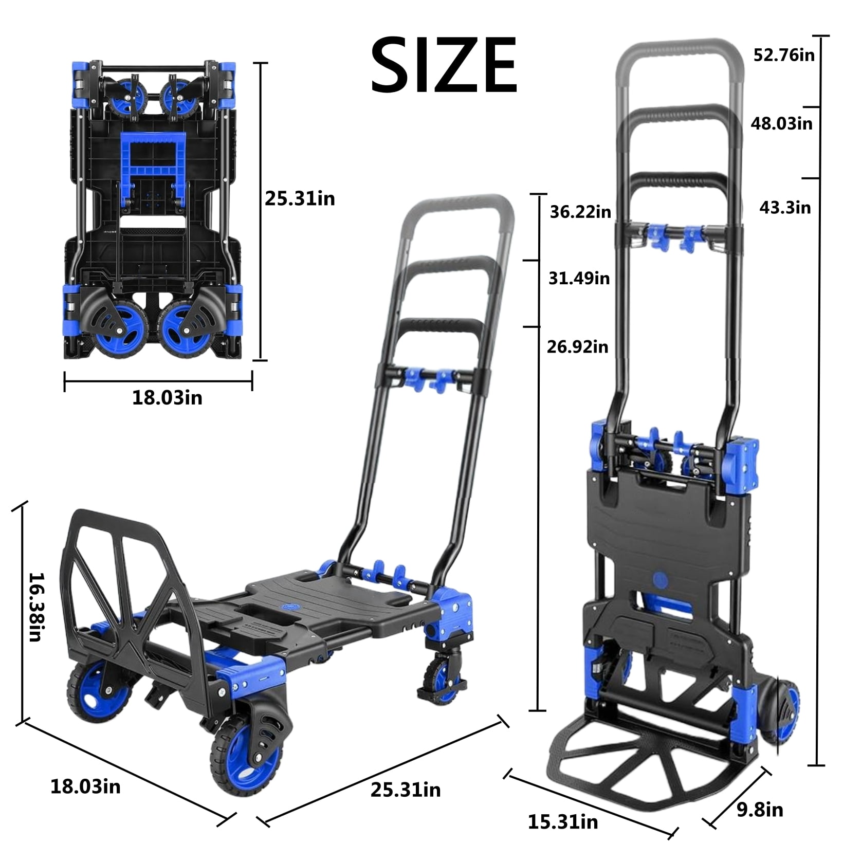 Adnoom 2-in-1 Portable Hand Truck with Retractable Handle & Storage Box, 300 lbs Folding Hand Cart Heavy Duty with 4 Wheels, Furniture Dolly for Moving, Blue